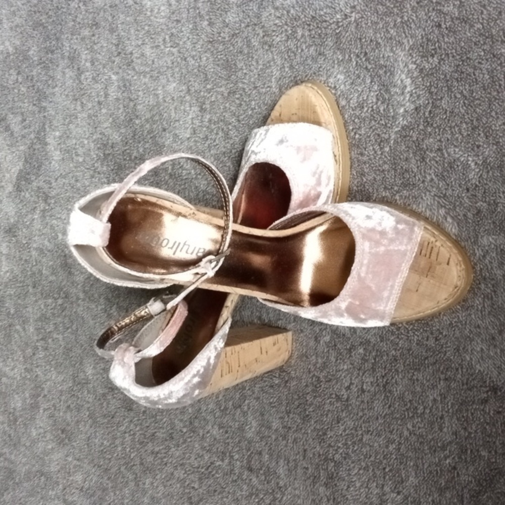 Farylrobin Anthropologie blush crushed velvet peep toe ankle strap heels